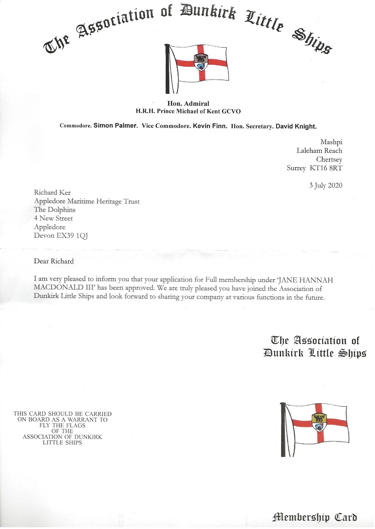 Association of Dunkirk Little Ships membership letter