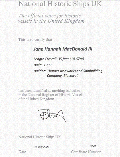 National Historic Ships UK registration certificate